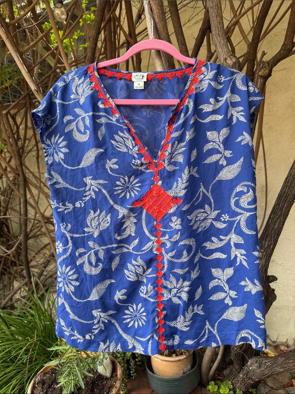 Lucky Brand Blue Floral V-Neck Top with Red Trim